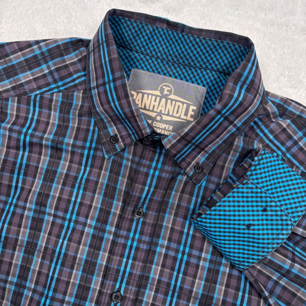 Panhandle Western Shirt Mens L Blue Black Tuf Cooper Performance Flip Cuff Rodeo